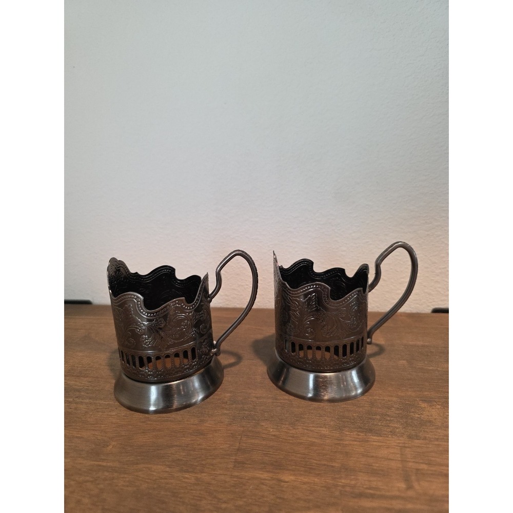 VTG Russian Nickel Plated Tea Glass Cup Holder Kolchugino Palms Set Of 2 Art Pc